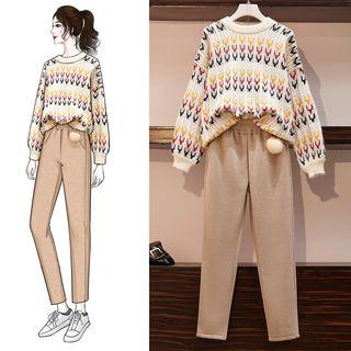 Flower Print Sweater / Cropped Straight-fit Pants / Set