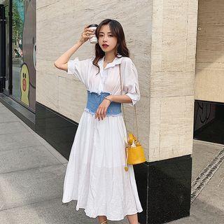 Denim Panel Elbow-sleeve Midi A-line Dress White - One Size