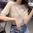 Short-sleeve Flower Embroidered Knit Cropped Top White - One Size