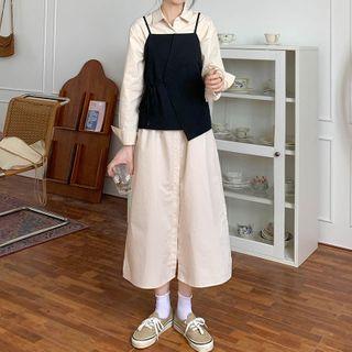 Irregular Hem Camisole / Long-sleeve Midi Shirtdress