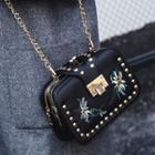 Flower Embroidered Studded Chain Strap Crossbody Bag