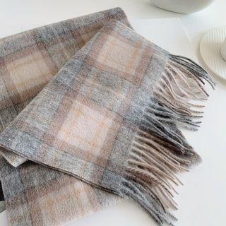 Plaid Tasseled Scarf Plaid - Gray - One Size
