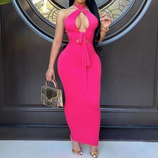 Plain Halter-neck Cut-out Sheath Midi Dress
