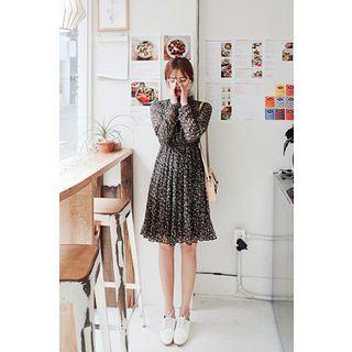 Mock-neck Floral Pattern Chiffon Dress