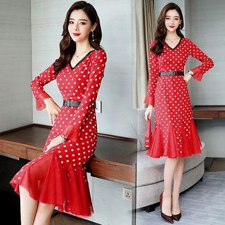 Long-sleeve Polka Dot A-line Godet Dress