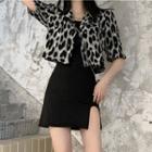 Short-sleeve Cropped Leopard Print Shirt / Spaghetti Strap Mini Sheath Dress
