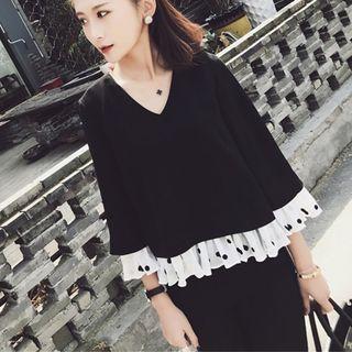 3/4-sleeve Polka Dot Chiffon Paneled Top