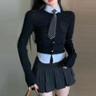 Shirt / Striped Neck Tie / Pinstriped A-line Skirt / Cardigan / Set