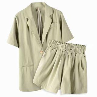 Set : Short-sleeve Plain Blazer + Plain Drawstring Shorts