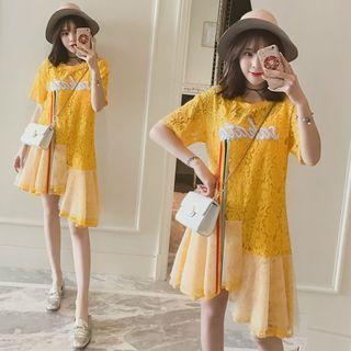 Set: Letter Embroidered Lace Short Sleeve Dress + Slipdress