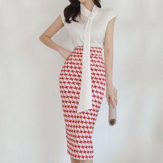Set: Cap-sleeve Top + Houndstooth Midi Pencil Skirt