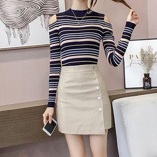 Long-sleeve Cold Shoulder Striped Knit Top