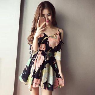 Elbow-sleeve Cold Shoulder Floral Print Mini A-line Chiffon Dress