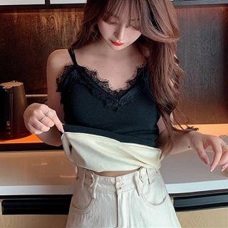 Spaghetti Strap Lace Panel Velvet Top