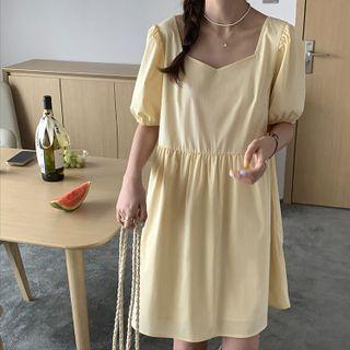 Puff-sleeve Cross-back Mini A-line Dress
