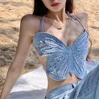 Denim Butterfly Cropped Camisole Top Camisole Top - Blue - One Size