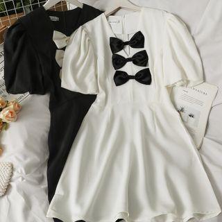 Ribbon-accent Puff-sleeve Midi Dress