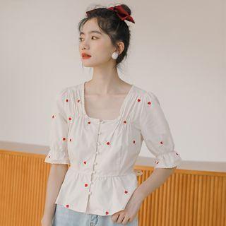 Square Neckline Floral Puff-sleeve Top