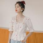 Square Neckline Floral Puff-sleeve Top