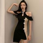 Short-sleeve Frog Buttoned Cold-shoulder Mini Dress