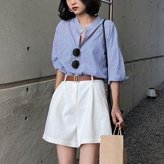 Set: Striped Cutout Elbow Sleeve Shirt + High-waist Wide-leg Shorts