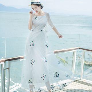 Flower Embroidered Elbow Sleeve Maxi Dress