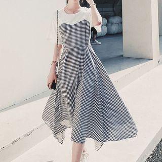 Short-sleeve Plaid Panel Asymmetrical Hem Maxi Dress