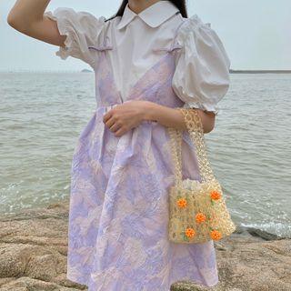 Puff-sleeve Blouse / Leaf Embroidered Suspender Skirt