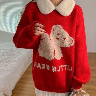 Contrast Collar Cartoon Bear Sweater