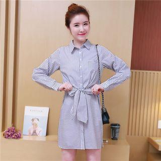 Striped Tie-waist Long-sleeve Shirt Dress