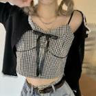 Frayed Denim Mini Skirt / Gingham Cropped Camisole Top