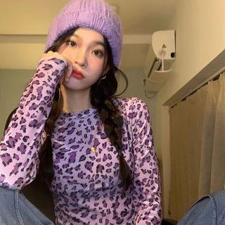 Long-sleeve Leopard Print Top Leopard - Purple - One Size