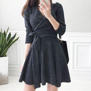 A-line Ribbed Knit Dress With Waist-tie Detail