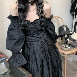 Off-shoulder Ruffled Blouse / Asymmetrical Midi A-line Dress