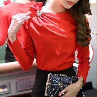 Long-sleeve Rhinestone Accent Crinkled Top