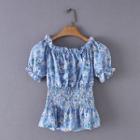 Short-sleeve Floral Print Smocked Top