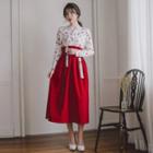 Set: Hanbok Top (floral / White) + Skirt (maxi / Red)