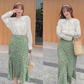 Collared Blouse / Floral Print Midi A-line Skirt / Set