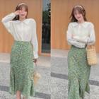 Collared Blouse / Floral Print Midi A-line Skirt / Set