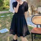 Short-sleeve V-neck Ruffle Trim Plain Mini Dress Black - One Size