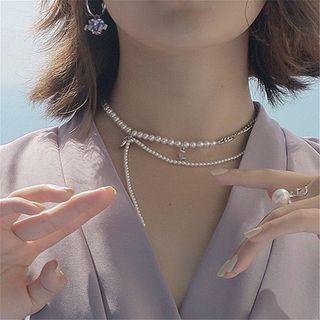 Rhinestone Faux Pearl Layered Necklace White - One Size
