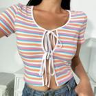 Striped Tie-front Short-sleeve Cropped Top