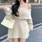 Off-shoulder Oversized Sweater Khaki - One Size