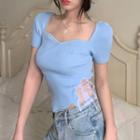 Short-sleeve Square-neck Knit Top Blue - One Size