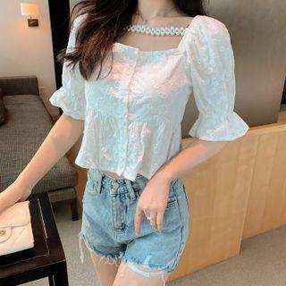 Short-sleeve Faux Pearl Trim Floral Embroidered Blouse