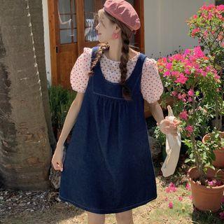 Denim Overall A-line Dress / Short-sleeve Heart Top