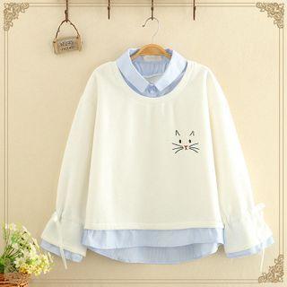 Cat Printed Mock Two Piece Fleece-lined Hoodie