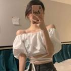 Off-shoulder Puff-sleeve Tie-waist Crop Top White - One Size