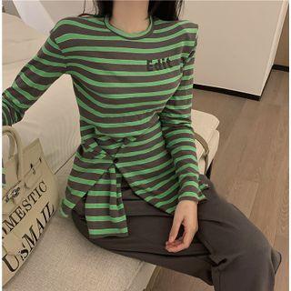 Long Sleeve Slit Stripe T-shirt As Shown In Figure - One Size
