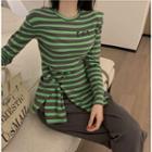 Long Sleeve Slit Stripe T-shirt As Shown In Figure - One Size